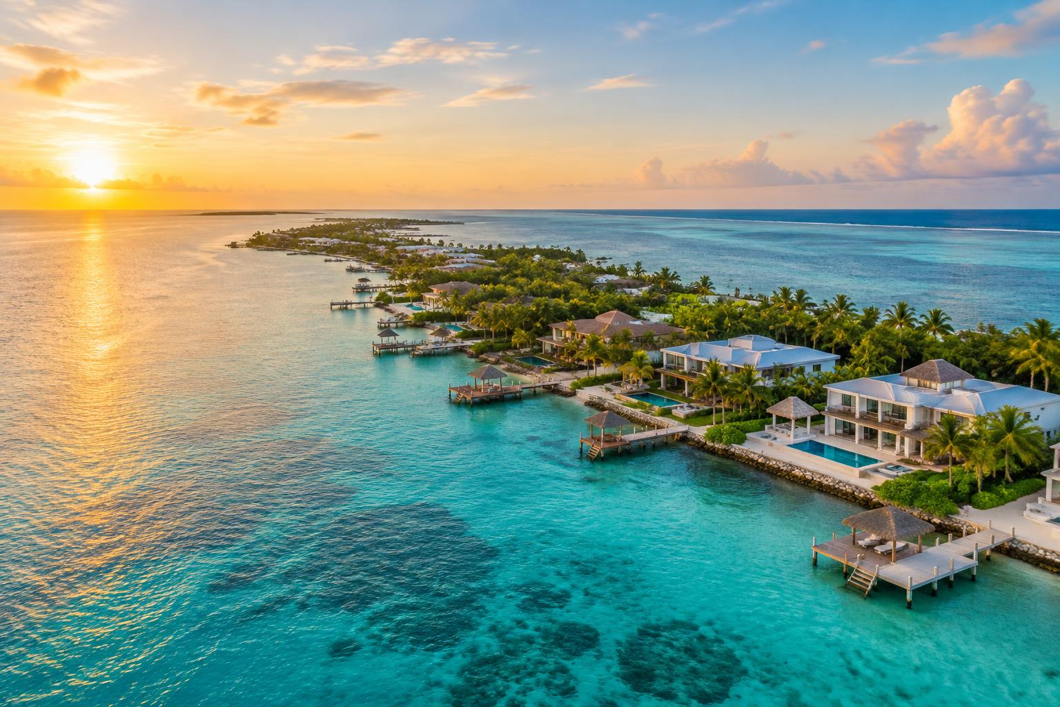 Luxury waterfront residences along the Belize coast at sunrise
